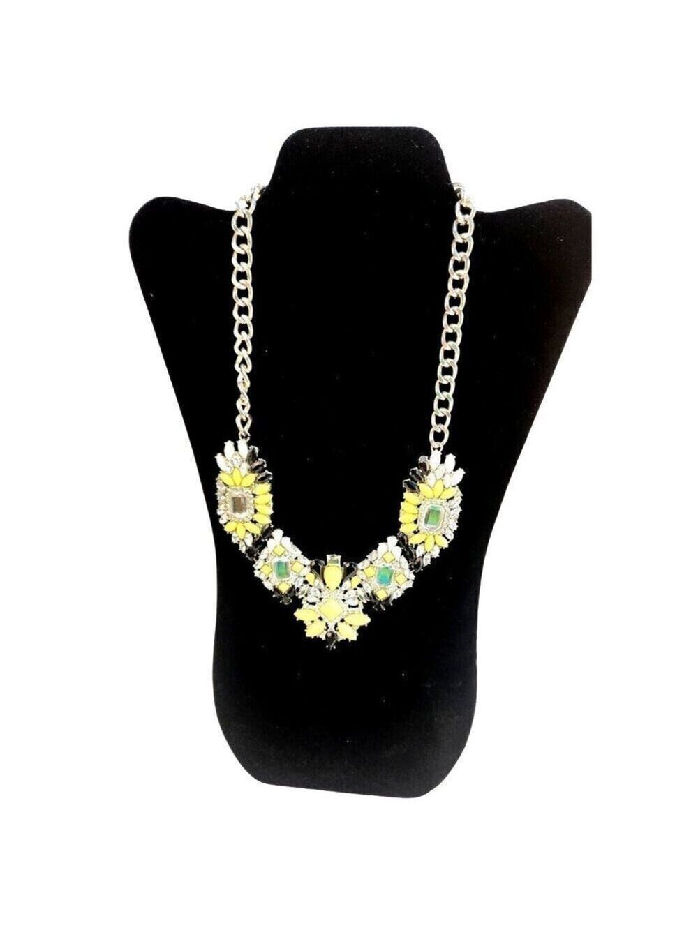 Vintage-Style Statement Necklace With Yellow & White Crystal Accents On Silver C